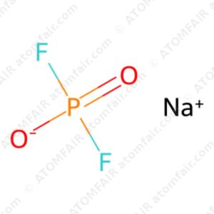 Chemical structure diagram of NaPO2F2 sodium salt with an Na plus ion and atomfair watermarks on white background.