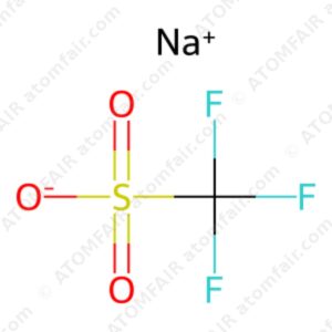 Chemical structure diagram of NaCF3SO3 sodium salt with an Na plus ion and atomfair watermarks on white background.