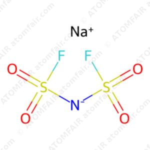Chemical structure diagram of NaFSI sodium salt electrolyte with an Na plus ion and atomfair watermarks on white background.