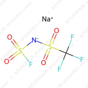 Chemical structure diagram of NaFTFSI sodium salt electrolyte with an Na plus ion and atomfair watermarks on white background.
