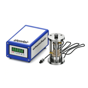 ATOMFAIR® intelligent pressure fixture system with a blue digital weigh controller and a cylindrical steel press cell.