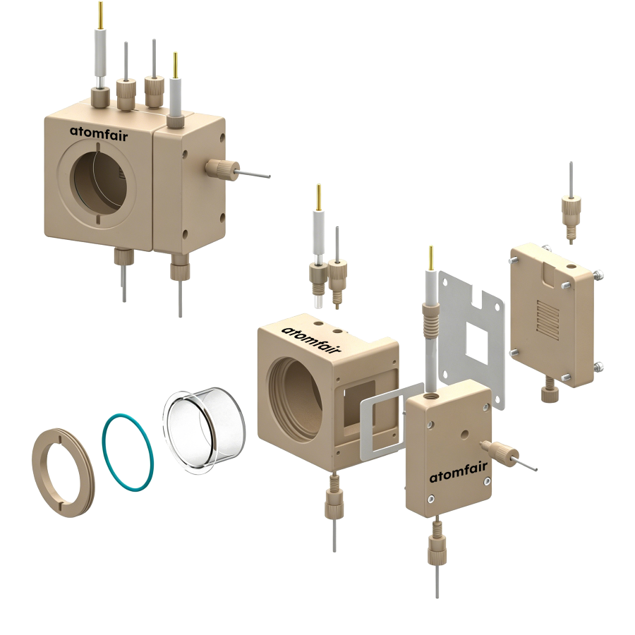 ATOMFAIR® Split-Membrane Photoelectrochemical Flow Cell 1 ATOMFAIR® cell 3D view with beige blocks, circular viewport layers, internal split-frame, and assembled unit.