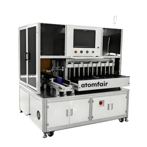 ATOMFAIR® SRT-529 automatic battery sorting machine with multi-channel sorting tracks and a central digital monitor screen.