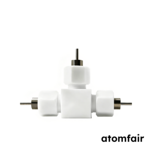 ATOMFAIR® Swagelok three-electrode testing cell with a vertical metallic plunger shaft grey connector cap and golden top pin tip.