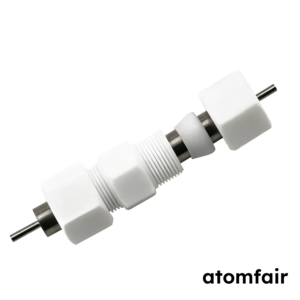 ATOMFAIR® white Swagelok two-electrode testing cell with hexagonal threaded body segments mounted on a dark central shaft.