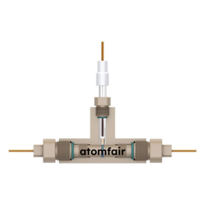 ATOMFAIR® Swagelok cell cross-section showing a T-shaped beige PEEK body, horizontal pins, and a top vertical electrode.