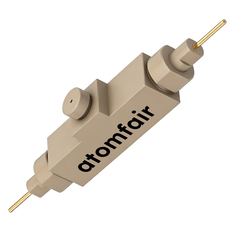 ATOMFAIR® Swagelok Type Two-Electrode Battery Cell 1 ATOMFAIR® Swagelok cell with rectangular beige PEEK body and two linear protruding gold electrode pins.
