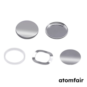 ATOMFAIR® titanium coated coin cell case sets showing top and bottom caps with a white sealing ring wave spring and flat spacer.