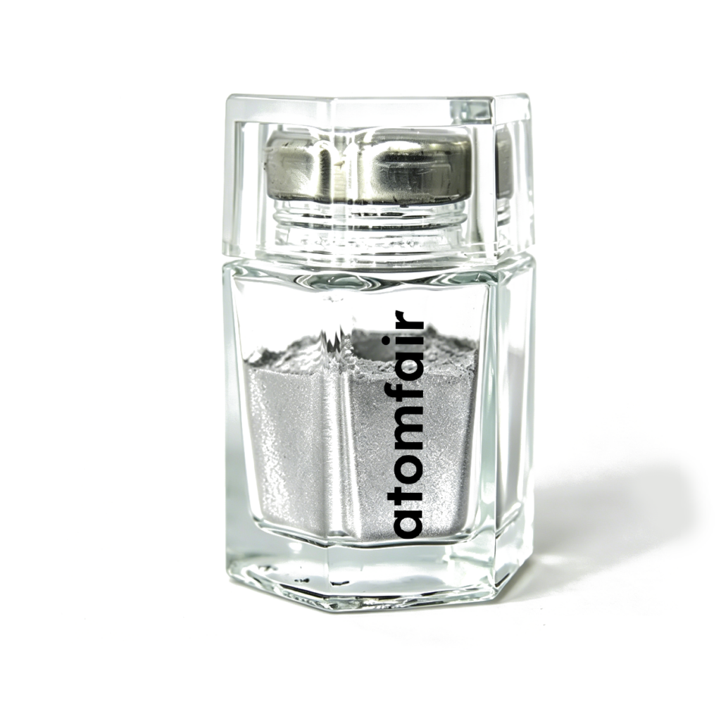 Atomfair® Ti6Al4V titanium alloy MIM powder showing a bright silver metallic powder within a clear hexagonal glass sample bottle.