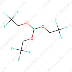 Chemical structure diagram of TTFEOM trifluoroethoxy methane with fluorine atoms and atomfair watermarks on white background.