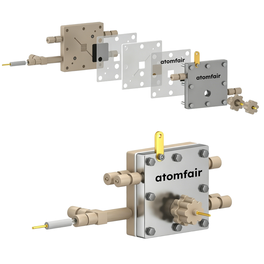ATOMFAIR® Ultimate MEA Gas Diffusion Electrolysis Cell 1 ATOMFAIR® ultimate MEA cell 3D view showing layered flow plates, gaskets, side tubes, and a fully assembled unit.
