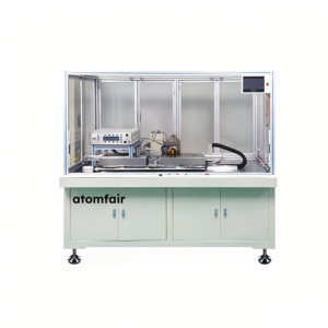ATOMFAIR® USW-724 automatic ultrasonic welding machine station enclosed in a white glass safety frame with an inner control device.