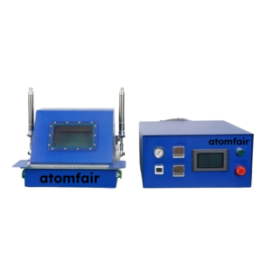 ATOMFAIR® vacuum pre-sealing machine showcasing a blue sealing chamber with a window next to a control unit featuring a digital touchscreen.