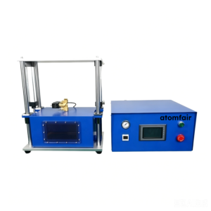 ATOMFAIR® vacuum standing chamber showing a blue capsule with a front rectangular glass window next to a touchscreen control terminal.