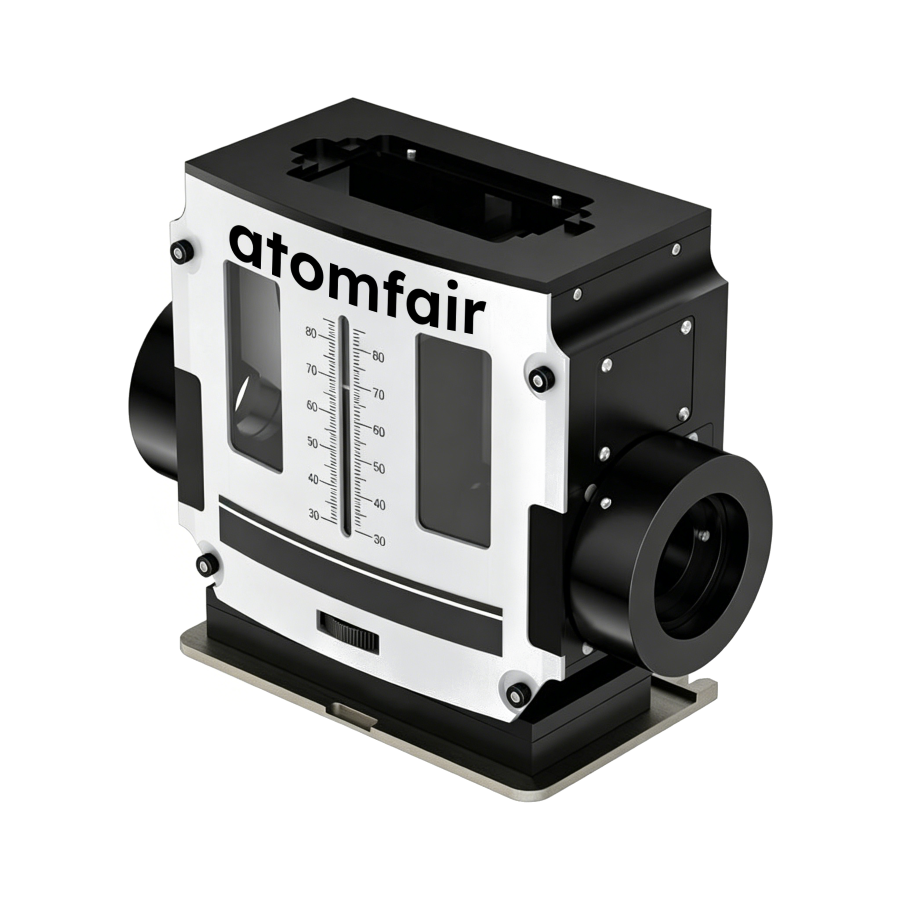 ATOMFAIR® Variable Angle ATR Spectroscopy Optical Stage 1 ATOMFAIR® ATR spectroscopy stage with metallic housing, dual optical cylinders, and a central alignment scale.
