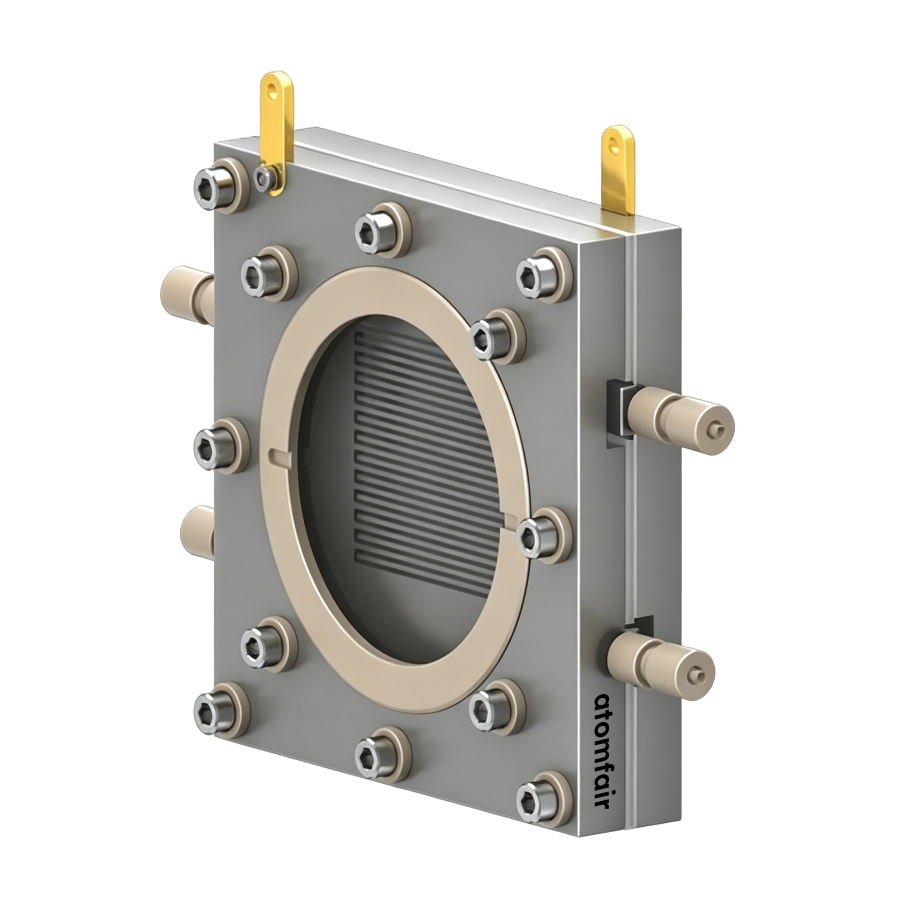 ATOMFAIR® Visual Membrane Electrode Assembly Cell (Type A) 1 ATOMFAIR® visual MEA cell type A with large circular viewing window, parallel flow channels, and perimeter bolts.