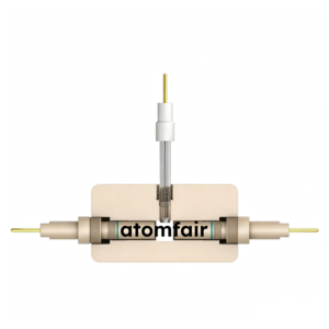 ATOMFAIR® visual Swagelok cell cross-section showing T-shaped beige body, lateral pins, and center optical gap.