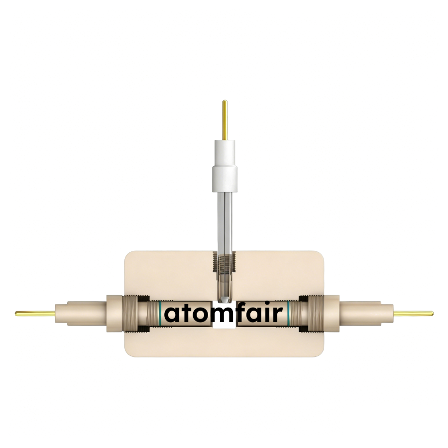 ATOMFAIR® Visual Swagelok Three-Electrode Cell 1 ATOMFAIR® visual Swagelok cell cross-section showing T-shaped beige body, lateral pins, and center optical gap.