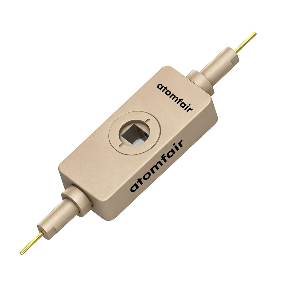 ATOMFAIR® Visual Swagelok Two-Electrode Battery Cell 1 ATOMFAIR® visual Swagelok cell with rectangular beige body, central square window, and two protruding gold pins.