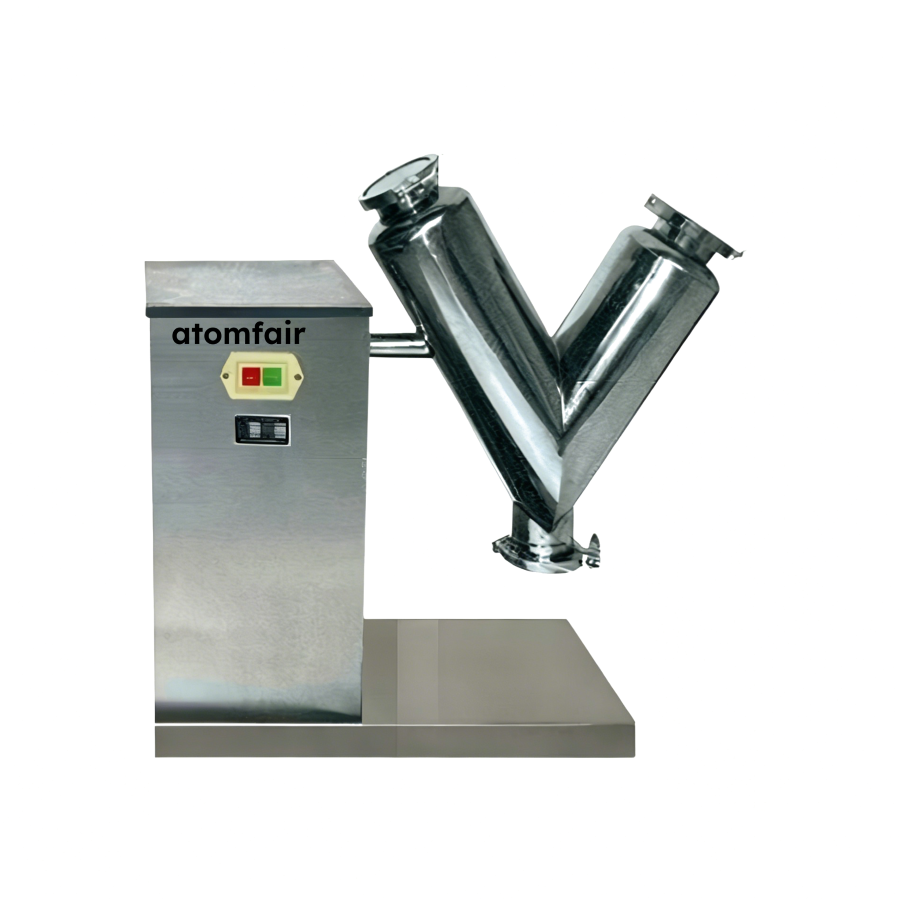 V-Type Mixer VM-574 3L 20-60 RPM Digital Timer ATOMFAIR® 1 ATOMFAIR® v-type powder mixer machine featuring a polished stainless steel V-shaped barrel connected to a metallic control box with buttons.
