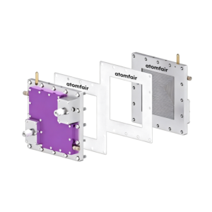 ATOMFAIR® water jacket MEA cell exploded 3D model with purple end plate, white gaskets, and a metallic flow field plate.