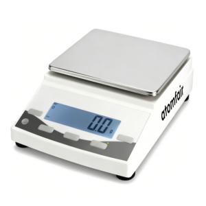 ATOMFAIR® YP5101N white electronic balance with an open large square stainless steel pan and a digital LCD display on a white background.