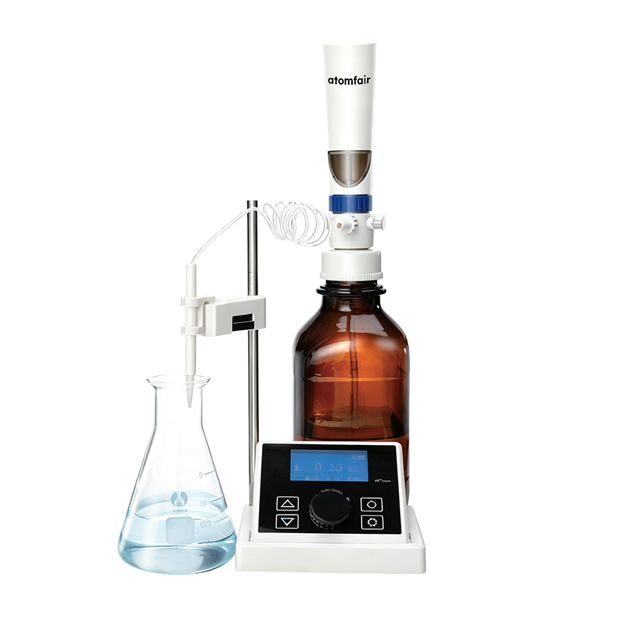 dFlow Electronic Bottle-Top Dispenser 0.1-99.90 mL ATOMFAIR® 1 ATOMFAIR® dFlow electronic bottle-top dispenser system dispensing liquid into an Erlenmeyer flask setup.