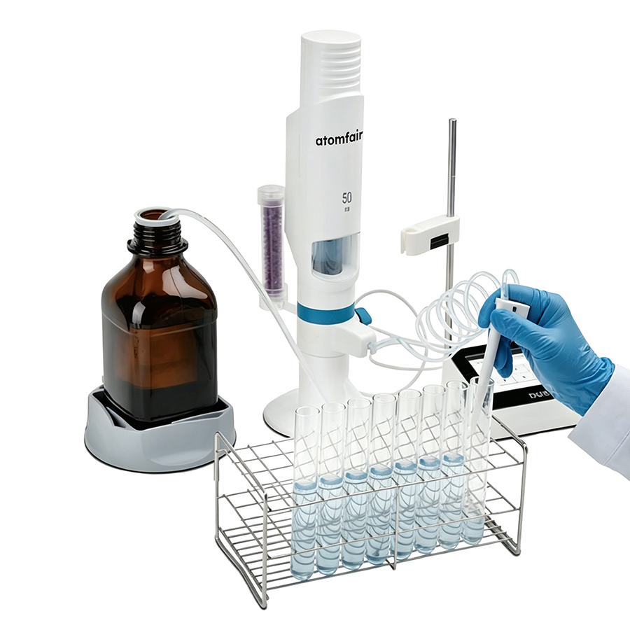 dFlow-Pro Electronic Bottle-Top Dispenser ATOMFAIR® 1 An operator using ATOMFAIR® dFlow-Pro electronic bottle-top dispenser to dispense solution into a rack of glass test tubes.