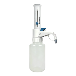 ATOMFAIR® DispensMate-HF bottle-top dispenser mounted on a reservoir for controlled chemical dispensing workflows.