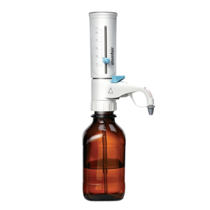ATOMFAIR® DispensMate-Pro bottle-top dispenser on an amber bottle for a professional reagent sampling workflow.