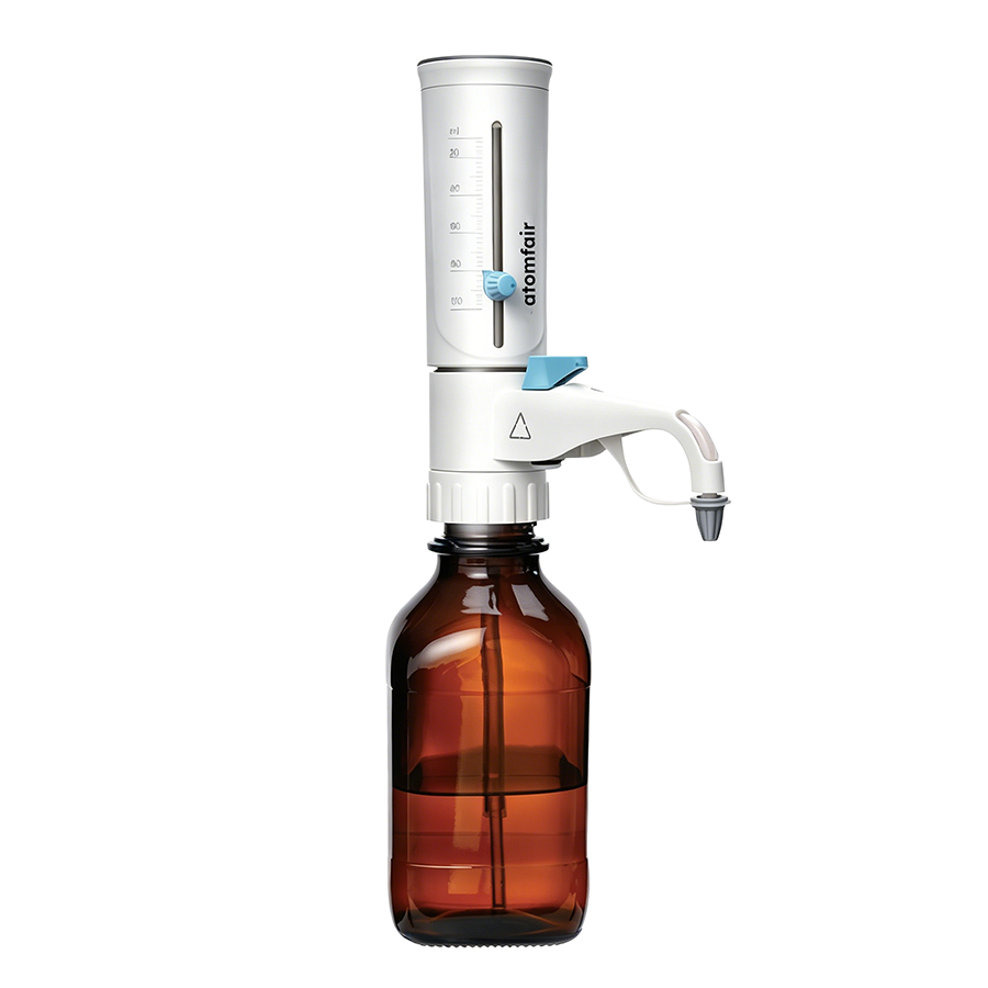 Bottle-Top Dispenser 0.5-100 mL Autoclavable ATOMFAIR® 1 ATOMFAIR® DispensMate-Pro bottle-top dispenser on an amber bottle for a professional reagent sampling workflow.
