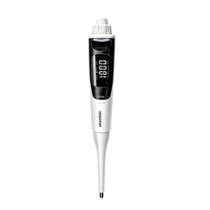ATOMFAIR® 5-50 uL electronic pipette set up in a digital testing layout for chemical assay sampling workflows.