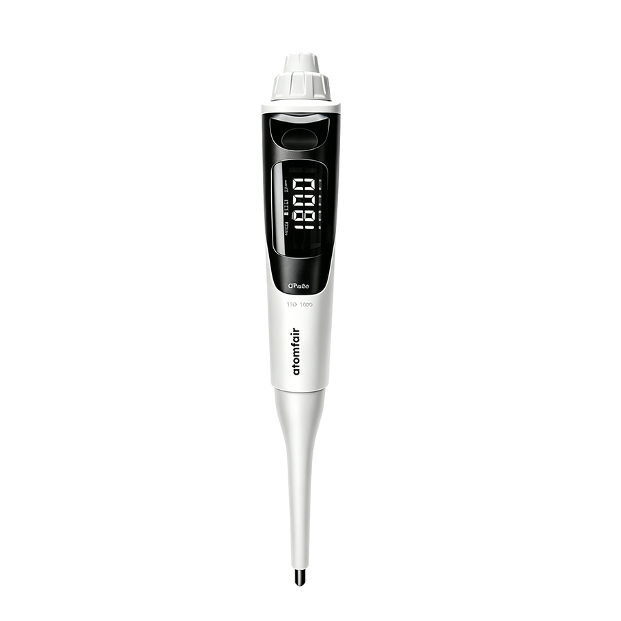 dPette Single-Channel 5-50 µL Electronic Pipette ATOMFAIR® 1 ATOMFAIR® 5-50 uL electronic pipette set up in a digital testing layout for chemical assay sampling workflows.