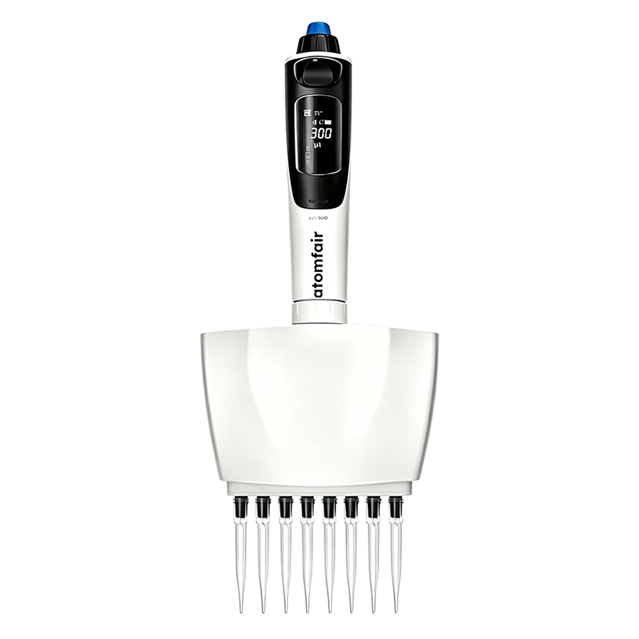 dPette+ 8-Channel 0.5-10 μL Electronic Pipette ATOMFAIR® 1 ATOMFAIR® 8-channel 0.5-10 uL electronic pipette configured with tips for multi-well plate sampling workflows.