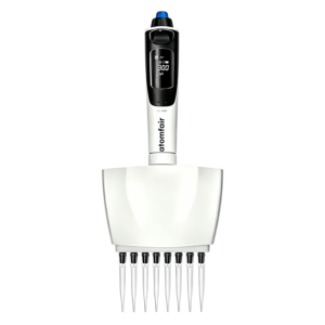ATOMFAIR® 8-channel 20-200 uL electronic pipette with clear tips organized for multi-well reagent dispensing.
