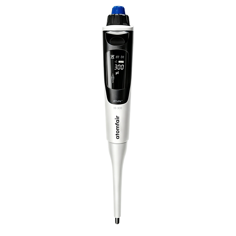 dPette+ Single-Channel Pipette 0.5-10 μL ISO 8655 ATOMFAIR® 1 ATOMFAIR® 0.5-10 uL electronic pipette displayed in a digital calibration workflow layout for automated liquid handling.