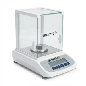 ATOMFAIR® EB220G Class I electromagnetic force analytical balance featuring a glass draft shield and a digital display screen, designed for high-precision laboratory weighing up to 220g with 0.1mg accuracy.