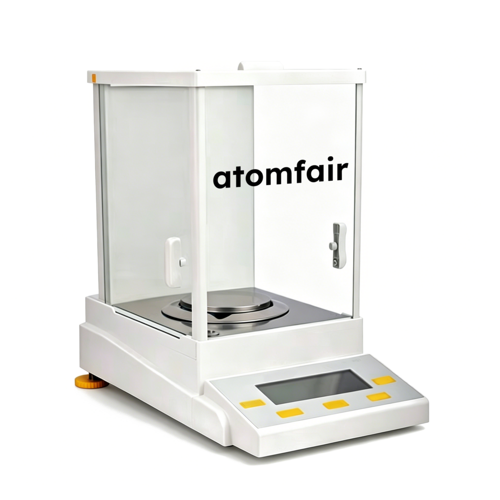 ATOMFAIR® EB60G-0.1MG-R electronic analytical balance with a glass draft shield on a white background.