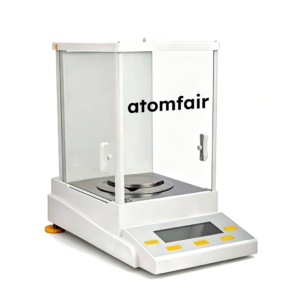 ATOMFAIR® EB60G-0.1MG-R electronic analytical balance with a glass draft shield on a white background.