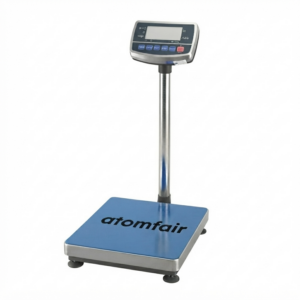 ATOMFAIR® EB60KG-1G-02 industrial platform scale with a blue weighing base and pillar-mounted indicator on a white background.
