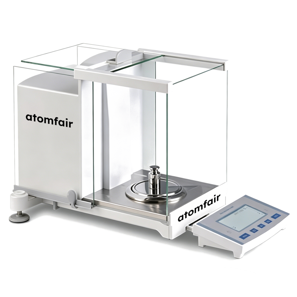 ATOMFAIR® EB82-120G dual range semi-micro analytical balance featuring a split glass draft shield with a calibration weight inside and an external digital control panel, designed for trace powder weighing with 0.01mg readability.