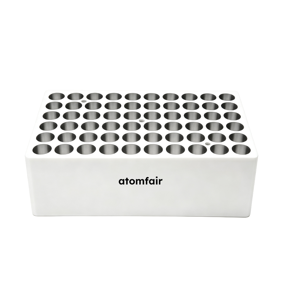 HB120 Heating Block, 60 × 2 mL Conical Tubes, ATOMFAIR® 1 ATOMFAIR® HB120 heating block, 60 x 2 mL conical-bottom tubes AF-TC-ACC-HB120-005 for tube heating block workflows