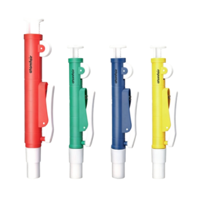 ATOMFAIR® Levo E pipette pumps aligned by size and color code for systematic glass pipette sampling workflows.