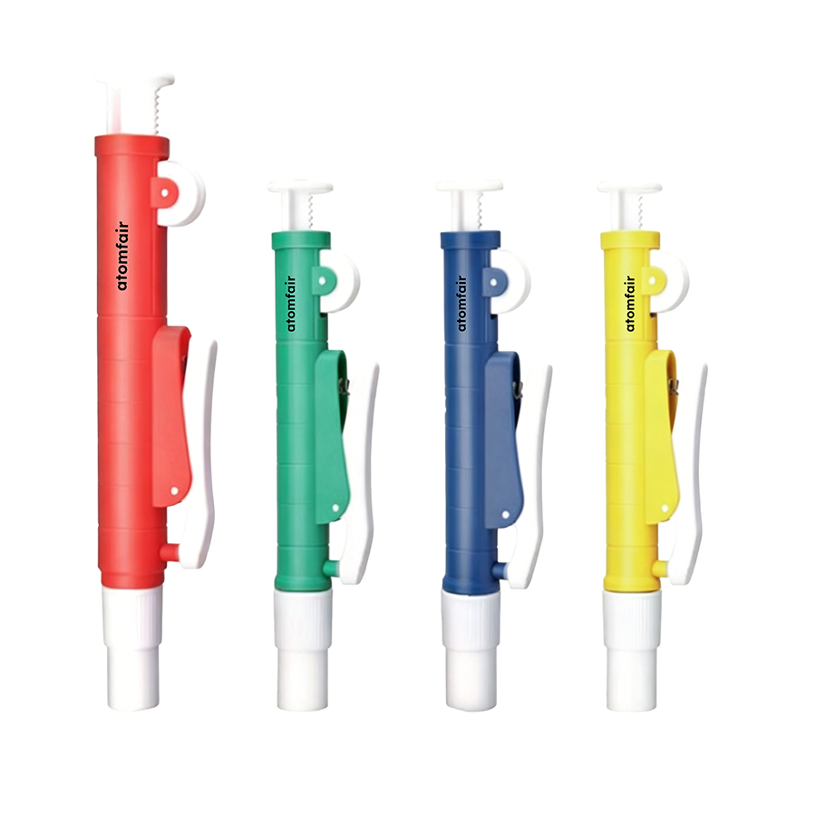 Manual Pipette Pump Levo E 2-25 mL Research ATOMFAIR® 1 ATOMFAIR® Levo E pipette pumps aligned by size and color code for systematic glass pipette sampling workflows.