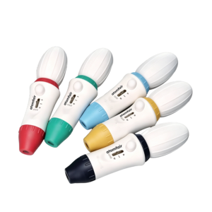 ATOMFAIR® Levo manual pipette fillers arranged in a color-coded workflow configuration for fluid volume sorting.