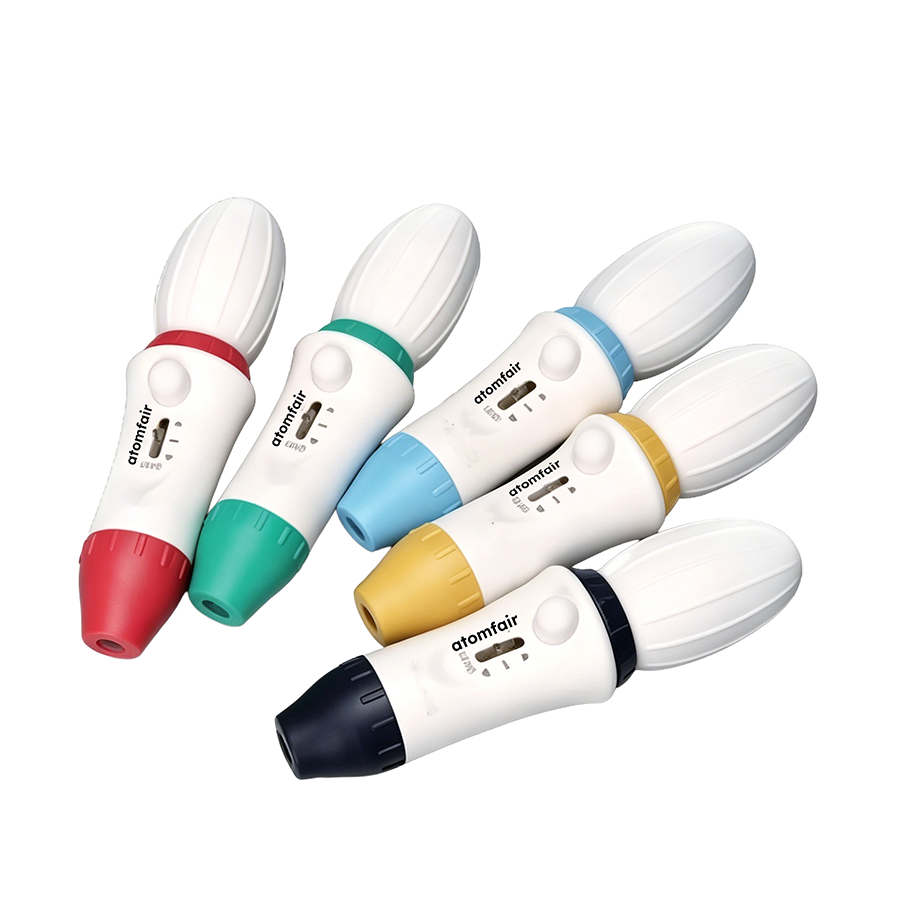 Manual Pipette Filler Levo 0.1–100 mL Autoclavable ATOMFAIR® 1 ATOMFAIR® Levo manual pipette fillers arranged in a color-coded workflow configuration for fluid volume sorting.