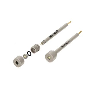 ATOMFAIR® atomfair multifunctional combination glassy carbon working electrodes showing disassembled modular components and O-ring seals.