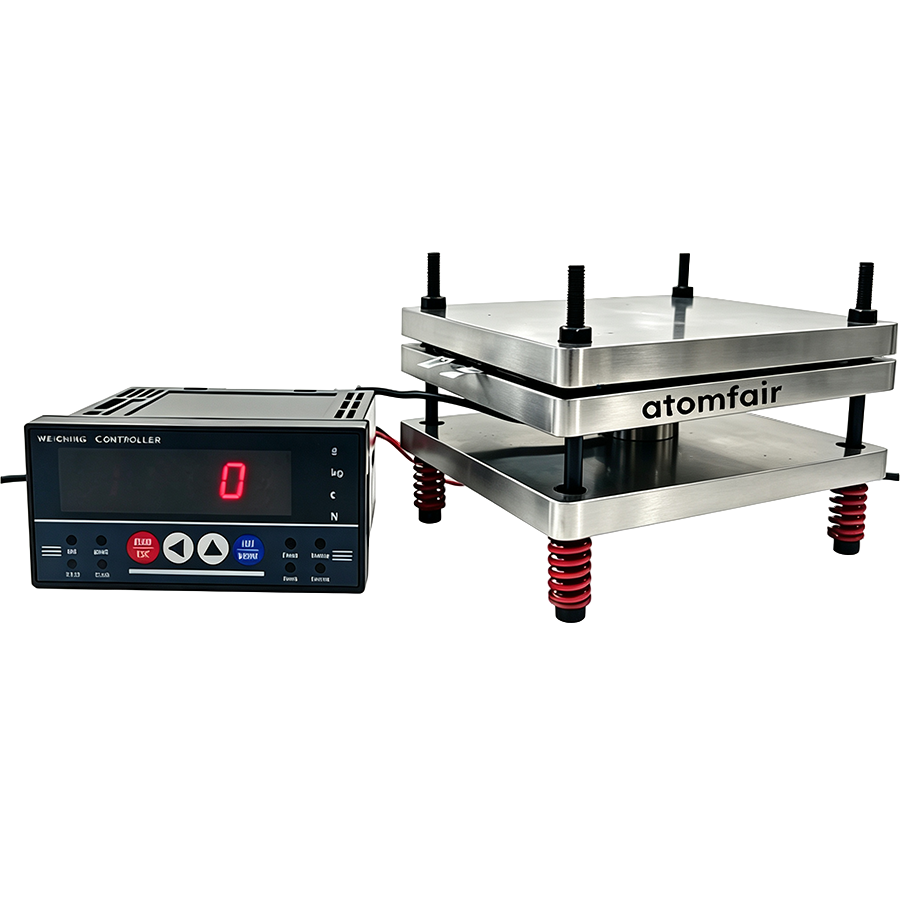 316 SS 3-Layer Pouch Cell Test Fixture 600kg ATOMFAIR® 1 Atomfair corrosion resistant 316 stainless steel three layer pouch cell test fixture featuring pressure sensor for battery immersion testing.
