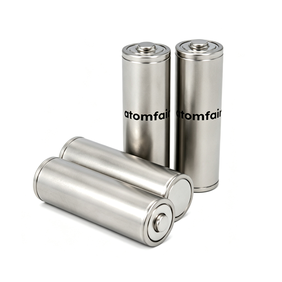 ATOMFAIR® custom dry cylindrical cell battery prototype selection with silver casings and serialized yellow sealed tabs.