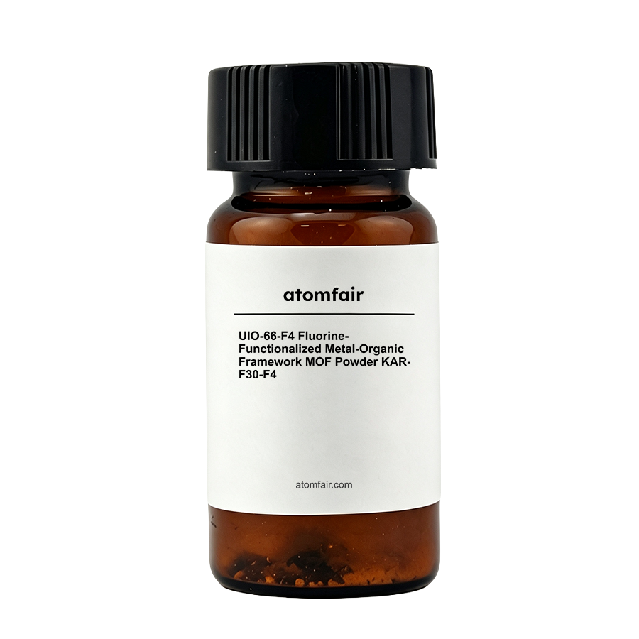 ATOMFAIR® high purity fluorine-functionalized zirconium based MOF powder, white crystalline porous material featuring optimized specific surface area for advanced gas adsorption and catalysis research.